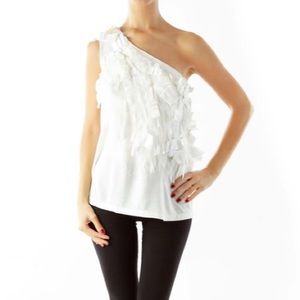 Alice + Olivia White Fringe One Shoulder Blouse